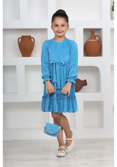 Kız Çocuk Örme Saten Çanta Detaylı Pliseli Astarlı Elbise Açık Mavi