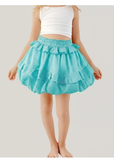 Kız Çocuk Çiçek Desenli Balon Etek-15849 Yeşil