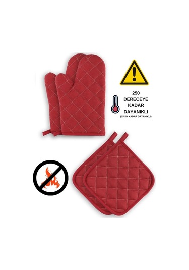 Yanmaz Ve Isıya Dayanıklı Fırın Eldiveni Ve Tutacak 2 Eldiven, 2 Tutacak Vişne