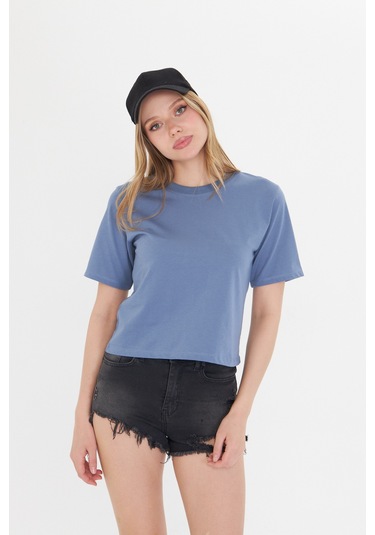 Kadın Siyah Yuvarlak Yaka Regular Fit Normal Kesim T-shirt Tişört Mavi