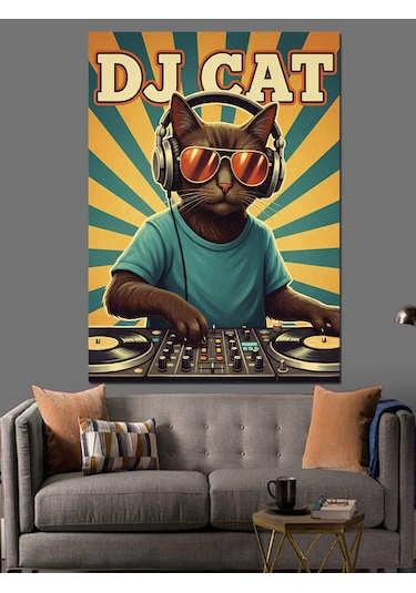Kulaklıklı Dj Kedi Çocuk Dekoratif Kanvas - Mdf Ahşap Tablo