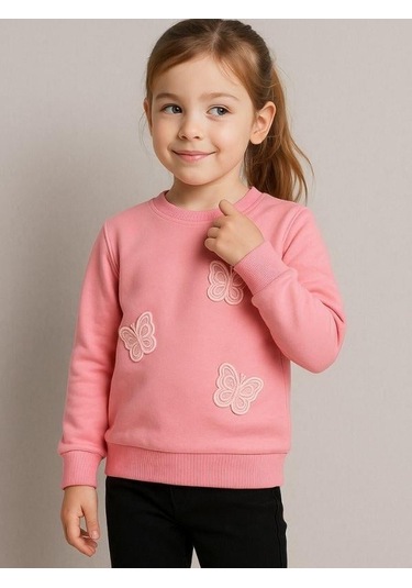Kız Çocuk Kelebek Desenli Sweatshirt-16229 Pembe