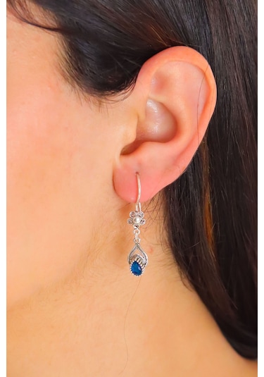 Safir Taşlı Damla Model Oksitli Telkari Gümüş Küpe 201020482