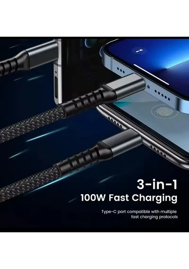 Işıklı 3 İn1 Lightning-micro-type-c 100w Hızlı Şarj Kablosu 3a 1.2m Siyah