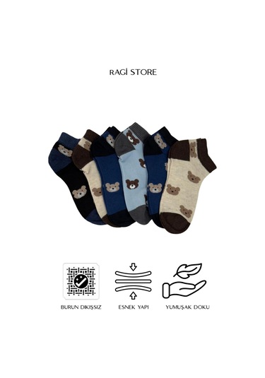6'lı Ayıcık Desen Dikişsiz Penye Erkek Çocuk Patik Çorap Çok Renkli