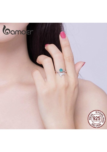 Bamoer Denizkızı Yüzük 925 Ayar Gümüş Mavi Okyanus Taş Gözyaşı Balık Kuyruğu Yüzükler