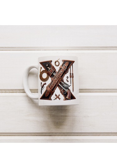 X Harfi Kovboy Temalı Bardak 330 Ml İsim / Harf Kişiye Özel Hediye - Vahşi Batı Konsept Beyaz