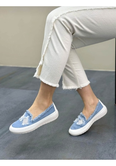 Gdt Ayakkabı Mavi Renk Taşlı Düz Taban Kadın Kot Sneakers