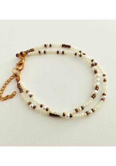 B214 İnci Boncuklu İkili Bileklik Altın - Beyaz