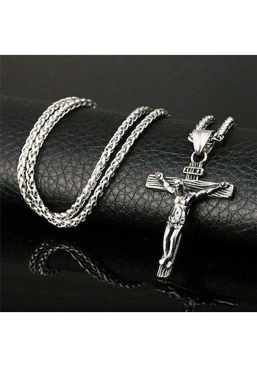 Altın Erkek Gümüş Paslanmaz Çelik İsa Mesih Haç Çapraz Kolye Kolye Zinciri