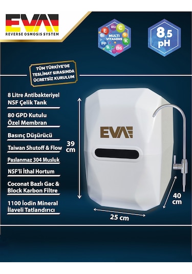 EVA Premium 8.5 ph Alkali Su Arıtma Cihazı Pompalı Seçenekli