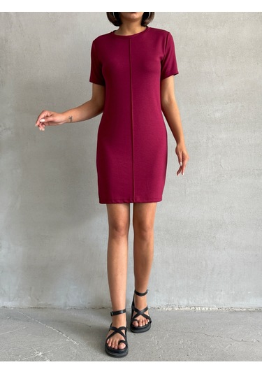 Kadın Bisiklet Yaka Soft Touch Elbise Bordo