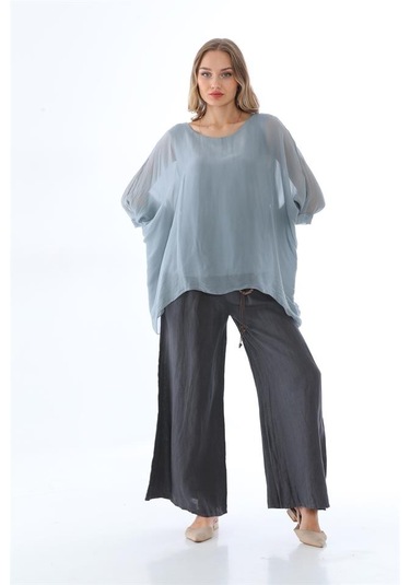 İtalyan Yarasa Kol İpek Bluz-8869 Gri