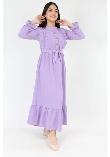 Genc Kiz Elbise Uzun Kollu Tesettür Uygun Jile Lila