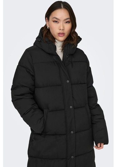 Only Kadın Onlann Kapüşonlu Uzun Puffer Mont 15287913 Siyah