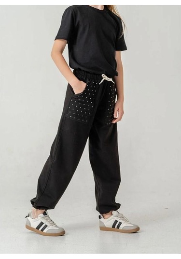 Siyah Cebi Taşlı Paça Brit Lastikli Stoperli Kız Çocuk Eşofman Altı 6168s Anrasit