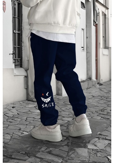 Smile Face Lacivert Jogger Eşofman Altı - Paça Baskı Detaylı Lastik Paça Baskılı Rahat Tarz Lacivert