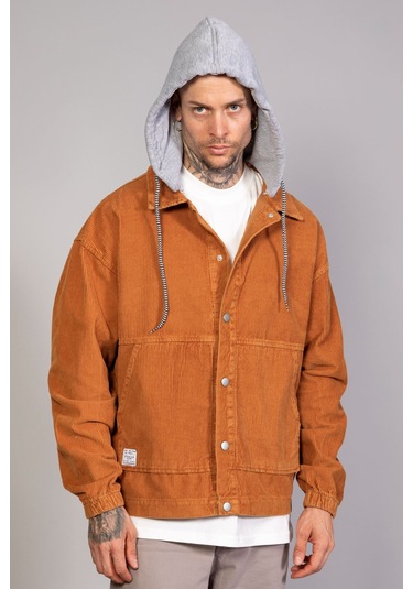 Erkek Camel Çıkarılabilir Kapüşonlu Oversize Pamuklu Kadife C... CAMEL