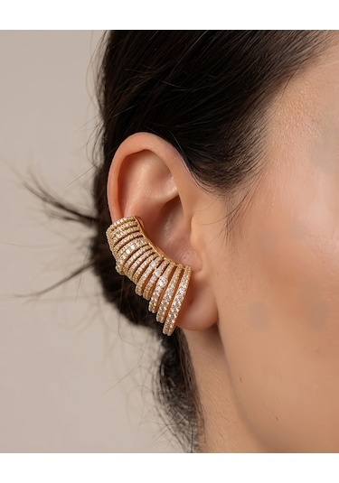 Ear Cuff Çoklu Sıra Zirkon Taşlı Kıkırdak Küpesi 4cm Gold