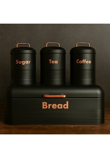4 Lü Mutfak Seti Ekmeklikçay Kahve Şekerlik Siyah 43x20 Antrasit