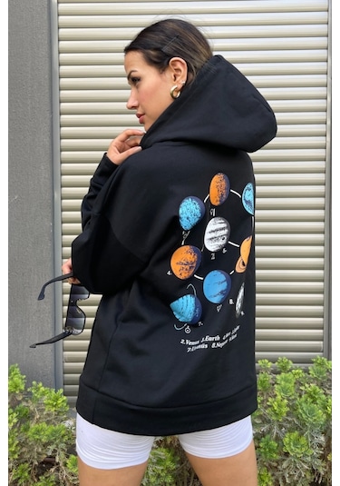 Modagen Kadın Oversize Siyah Sweatshirt Galaksi Baskılı Siyah
