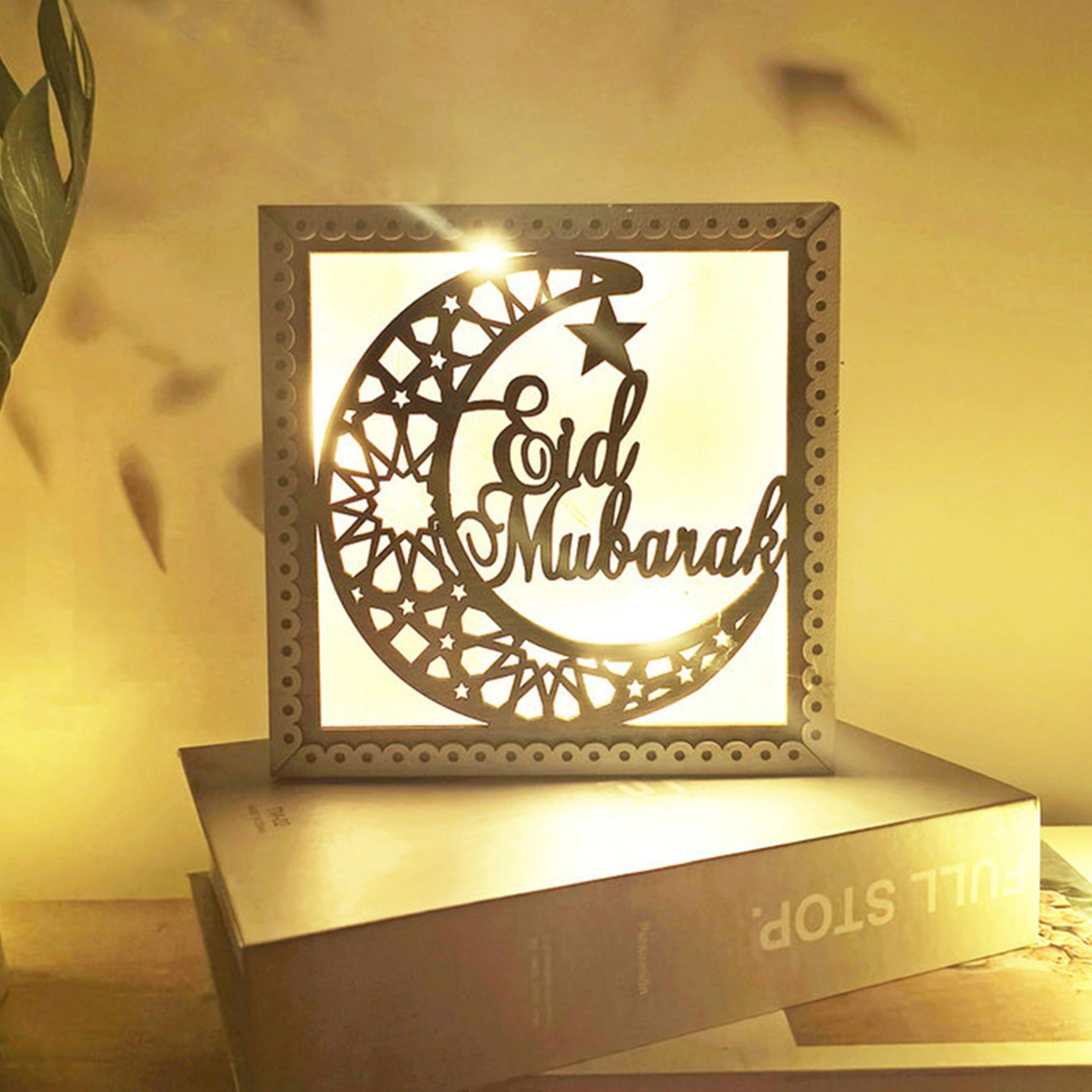 Youmex Muslim Bayramı Dekorasyonu Ahşap Ay Yıldız Mimari Desenli Led Işıklı Eid Mubarak - Jm01937 Sarı
