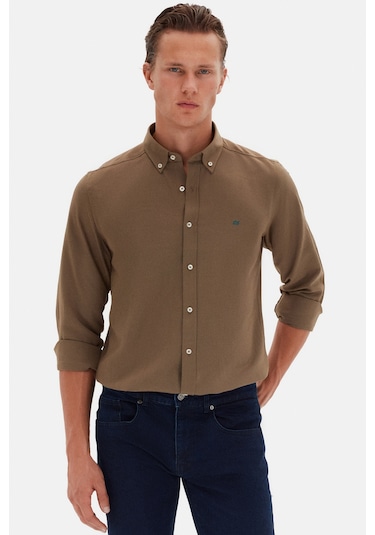 Ds Damat Slim Fit Haki Oxford Düğmeli Yaka Kolay Ütülenebilir Nakış Detaylı Pamuklu Gömlek 4HC02ORT03265 Haki
