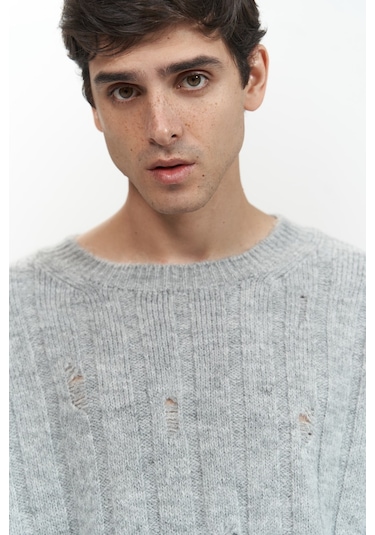 Vincent Yırtık Detay Gri Erkek Triko Kazak Gri