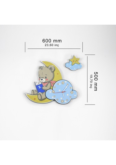 Sevimli Ay Ve Ayıcık Çocuk Odası Ahşap Duvar Saati Ahşap