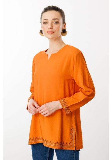Kadın Kolu Ve Eteği Yırtmaçlı Eteği Nakışlı Bluz Turuncu Turuncu