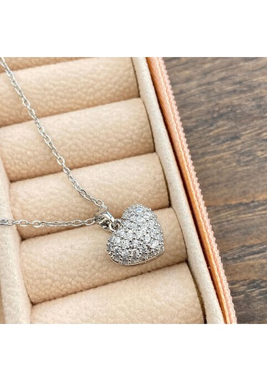 Kalp Kolye Full Zirkon Taşlı Kalp Kadın Kolye 45cm Silver