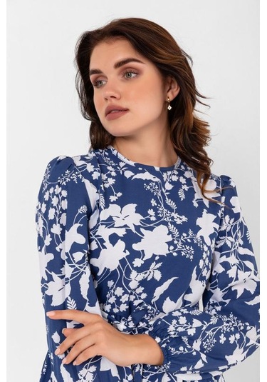 Yaprak Desenli Renkli Pamuklu Yazlık Baharlık Kuşaklı Elbise 2101 Lacivert