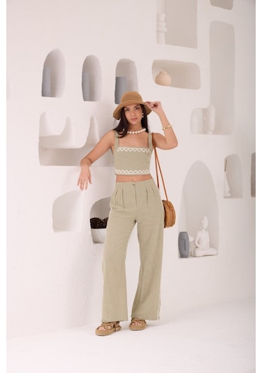 Zikzak Nakış Kalın Askılı Crop Bluz Pantolon 2li Takım Haki