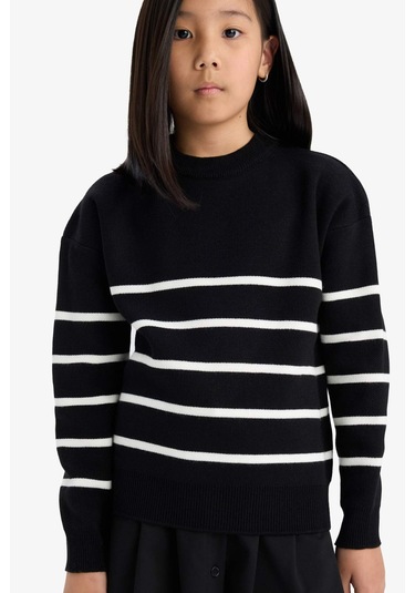 Defacto Kız Çocuk Bisiklet Yaka Çizgili Triko Kazak Z0194a625aubk27 Siyah