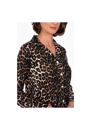 Kadın Süet Önden Düğmeli Pijama Takımı Leopar LEOPAR