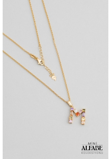 Mini M Harfi Günışığı Renkli 18 Ayar Sarı Altın Kaplama Gümüş Kolye