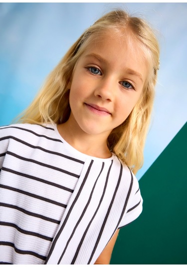 Mayoral 3559 Kız Çocuk Beyaz-antrasit Çizgili Pantolon Takım Beyaz