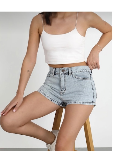 Buz Mavisi Kar Yıkama Mini Denim Şort - Kadın Jean Şort Buz Mavi