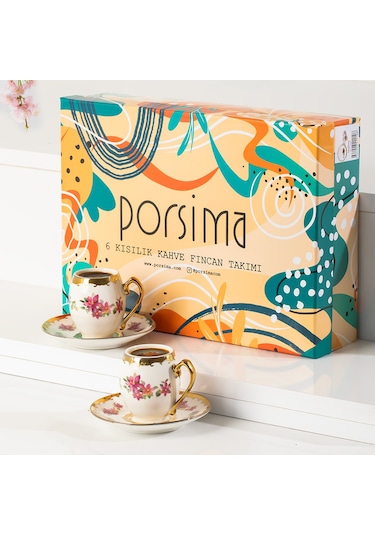 Porsima 3189 Aurora 12 Parça Yaldızlı Porselen Türk Kahve Fincan Takımı Çok Renkli