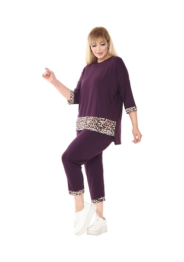 Melsay Butik Mor Leopar Şeritli Büyük Beden Kadın Kapri Takımı Mor