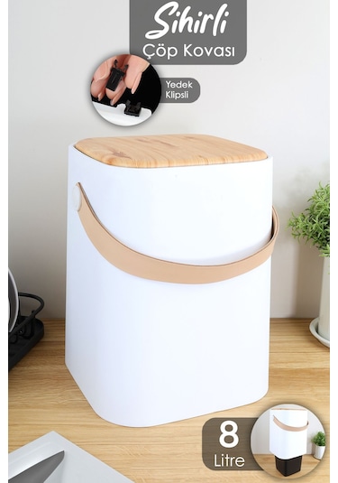 Ahşap Görünümlü Çöp Kovası - Akıllı Kapak Tutma Saplı Kovalı Tezgah Üstü Mutfak Çöp Kovası 8lt Beyaz