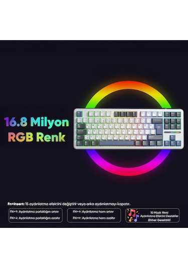 Aula F87 Pro Mekanik Rgb Tkl Graywood V4 Switch Kablosuz Makrolu Hot Swap Türkçe Q Klavye Mavi