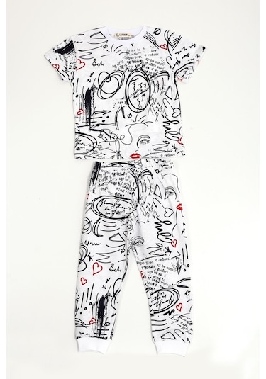 Luess Çocuk Baskılı %100 Pamuk Suprem Pijama Takımı-Beyaz