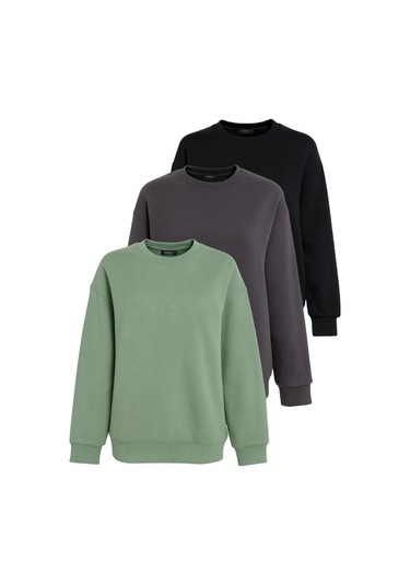 Mint Yeşili/füme/siyah Bisiklet Yaka Basic 3'lü Paket Sweatshirt Mg2595 Çok Renkli