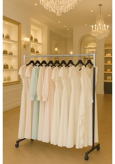 Paslanmaz Metal Askılık Vitrin Konfeksiyon Tekerlekli Demonte Portmanto 150 Cm Hanger Siyah