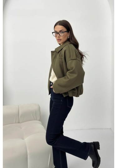 Cemo Basic Crop Gömlek Ceket Shacket Camel Basic, Crop, Gömlek Haki Yeşili