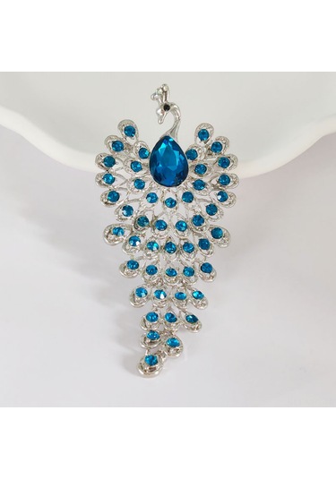 Monyee Zirve Taşlı Mavi Tavuskuşu Desenli Kadın Broşu - Giyim Dekorasyonu Ve Işık Koruma Fonsiyonu Mavi