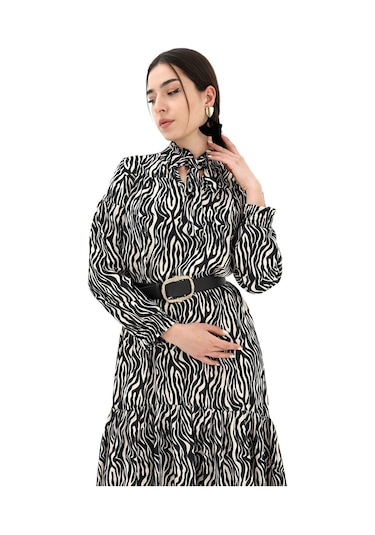 Wpr Kolu Büzgülü Zebra Desen Elbise - Siyah-siyah