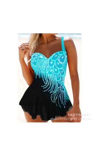 Geeroyoo 2021 Yazlık Büyük Beden Bikini Seti, Mavi Çizgili Malinli Desenli Etekli Mayo, Kaynak Üretici Diğer