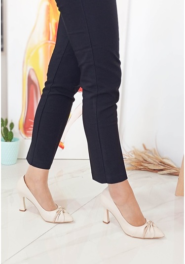 Bej Kadeh Yüksek Topuk Taş Desenli Kadın Stiletto Bej